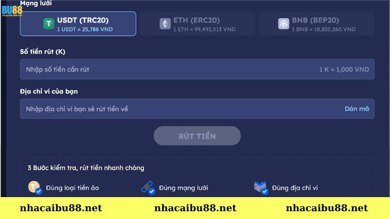 Rút tiền BU88 qua tiền ảo